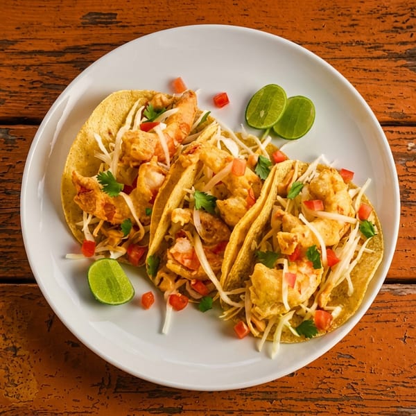 Three crispy shrimp tacos topped with cabbage, diced tomatoes, cilantro, and lime wedges on a white plate.