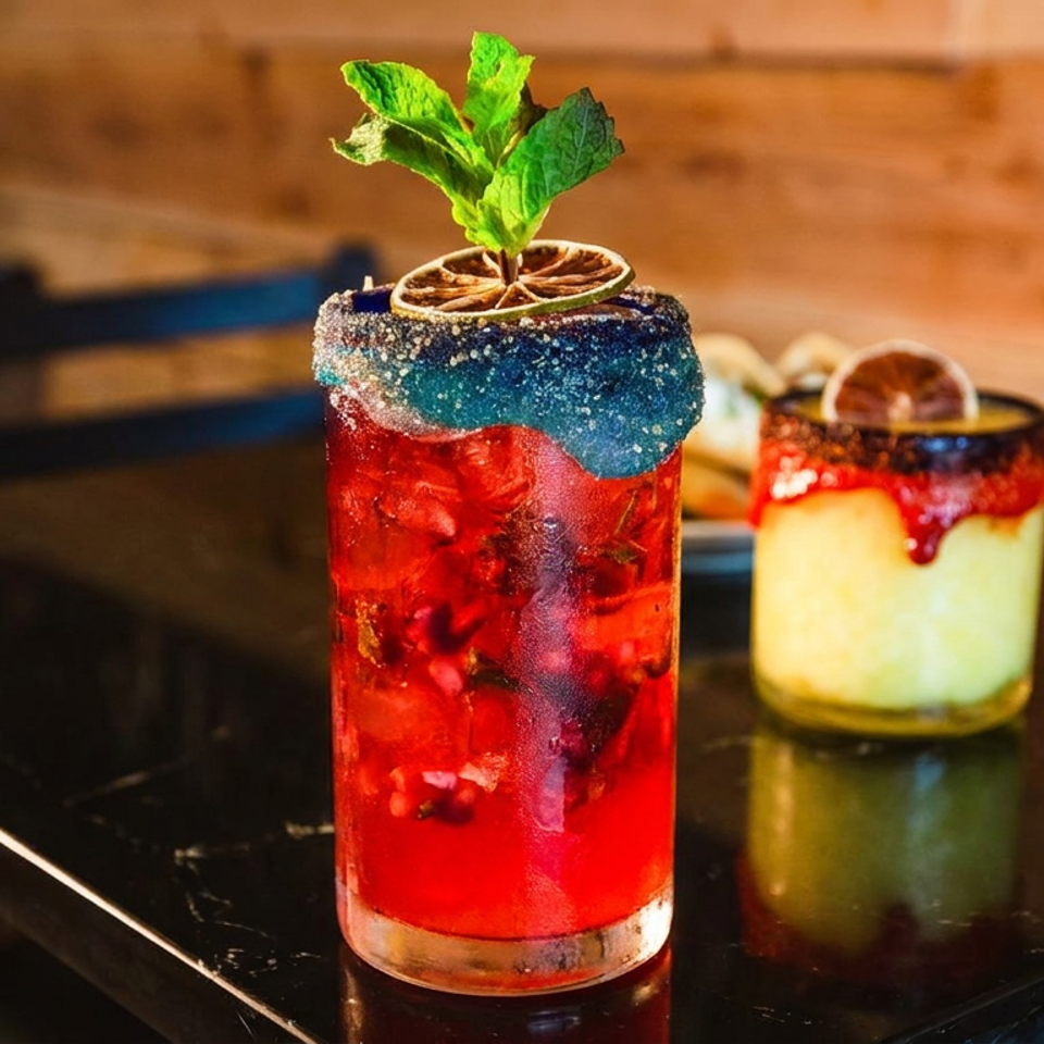 Colorful red and green cocktails with sugared rims, citrus slices, and mint garnishes on a reflective bar.
