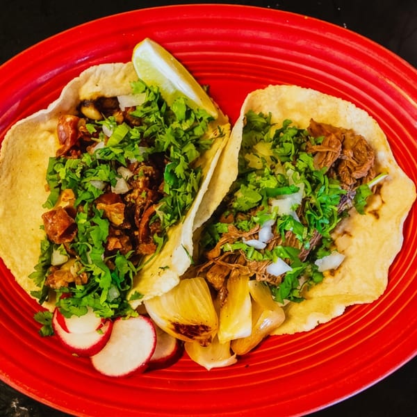 Two soft tacos topped with meat, cilantro, onion, lime, roasted onions, and radishes on a red plate.