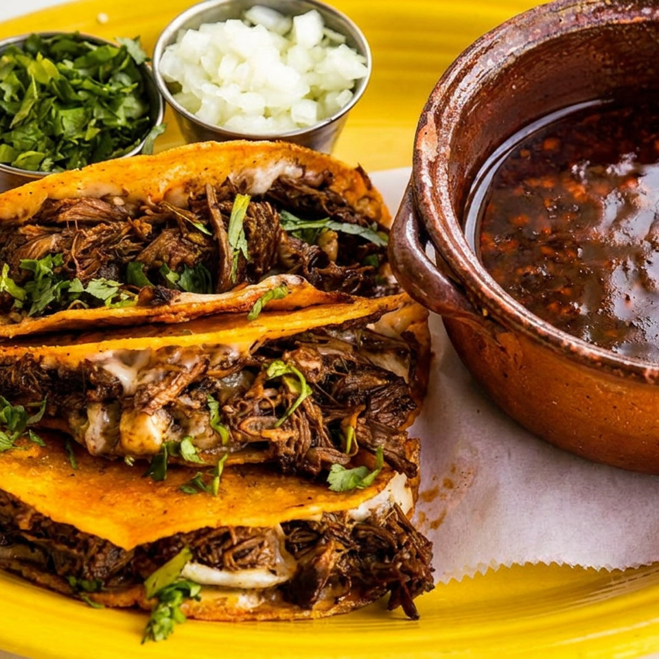 Three crispy birria tacos filled with shredded beef and cilantro, served with consommé, lime, onions, and herbs on a yellow plate.